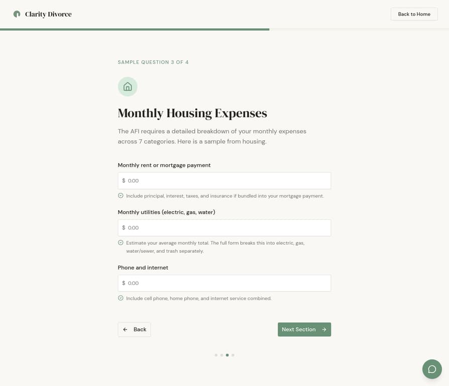 Clarity intake: Monthly Housing Expenses with guided categories and explanations