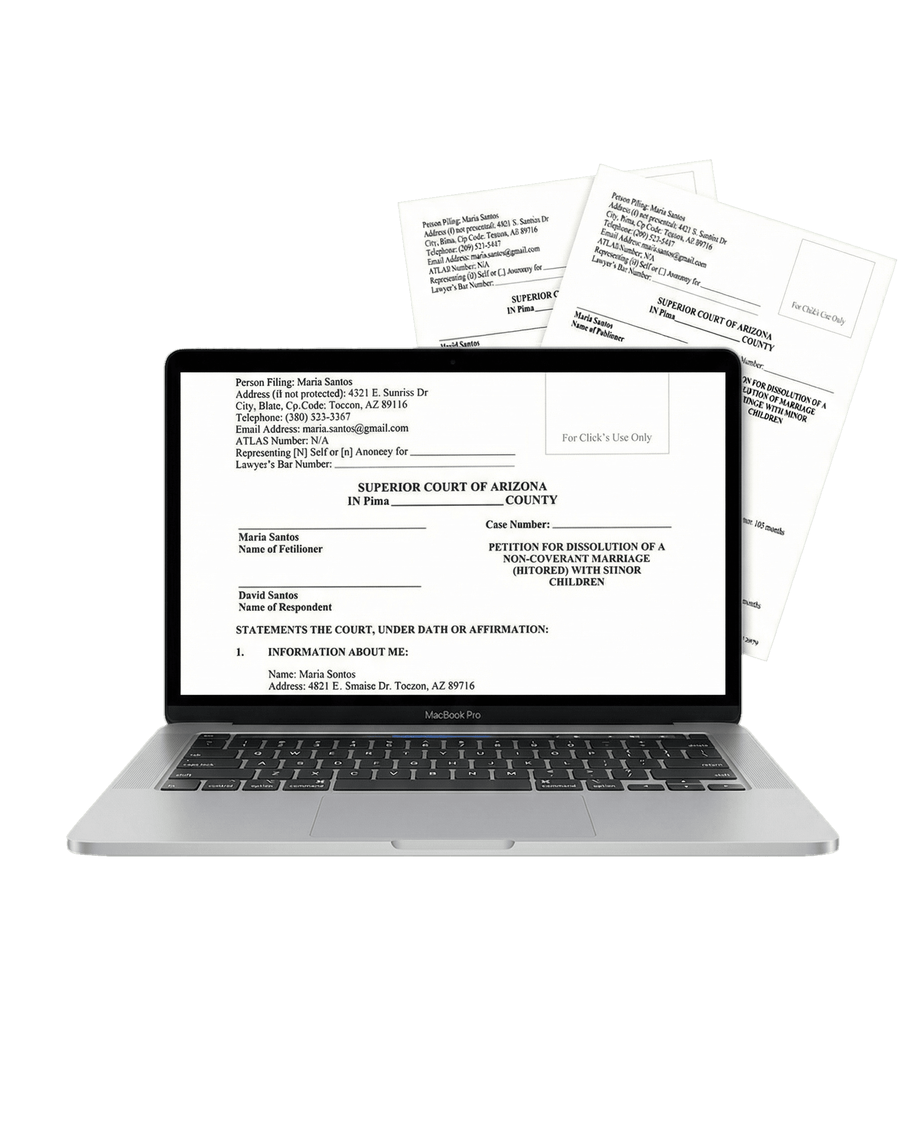Filled Arizona divorce petition displayed on a laptop with court filing documents