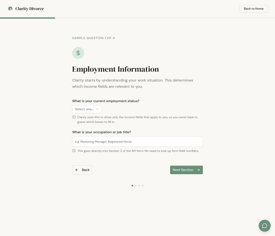 Clarity intake: Employment Information step with plain-language questions and helper text