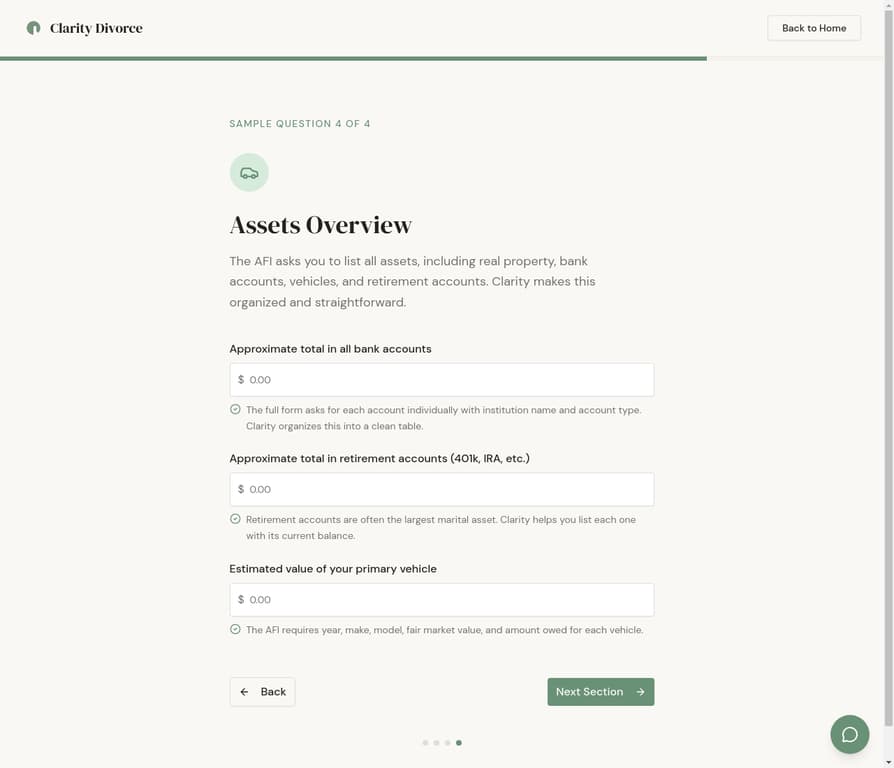 Clarity AFI: Assets Overview with bank accounts, retirement, and vehicle fields